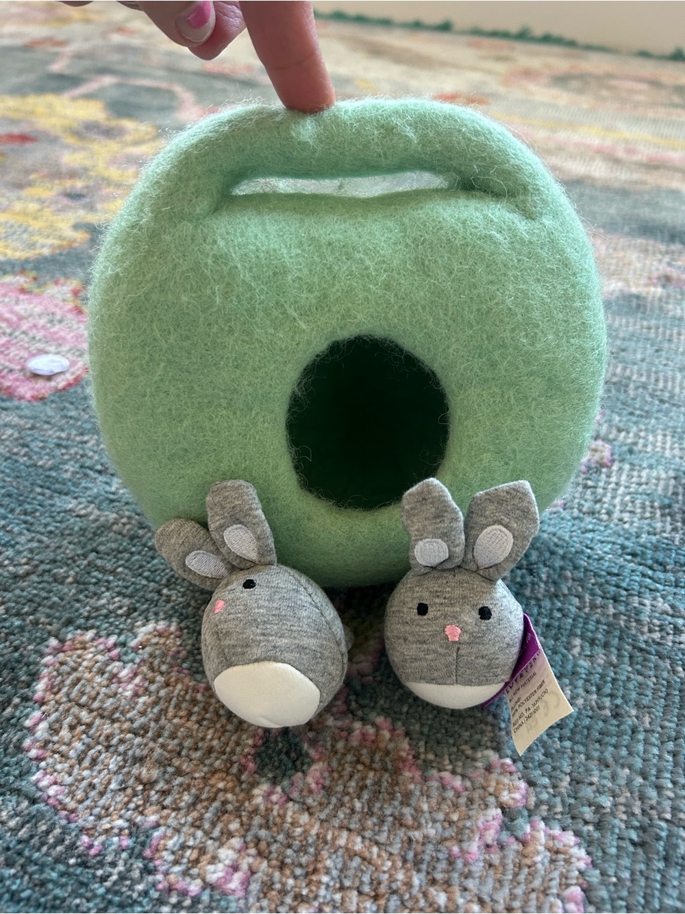 Lovevery bunnies in a felt burrow babbler kit